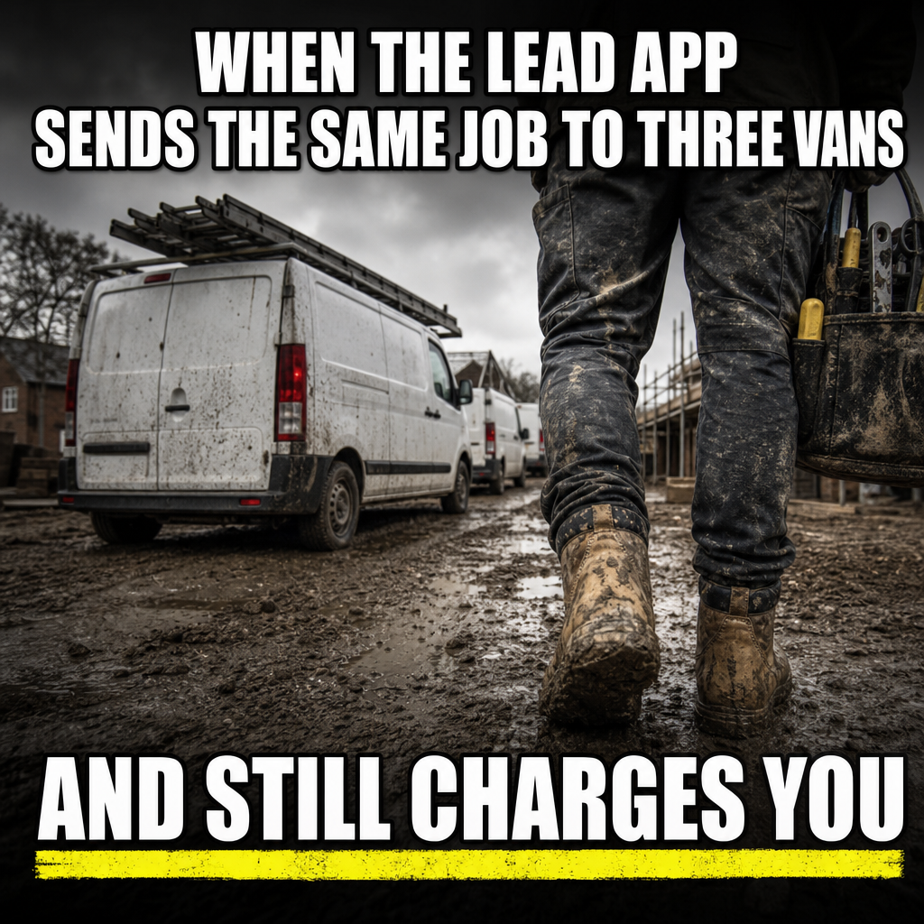 Meme: when the lead app sends the same job to three vans and still charges you